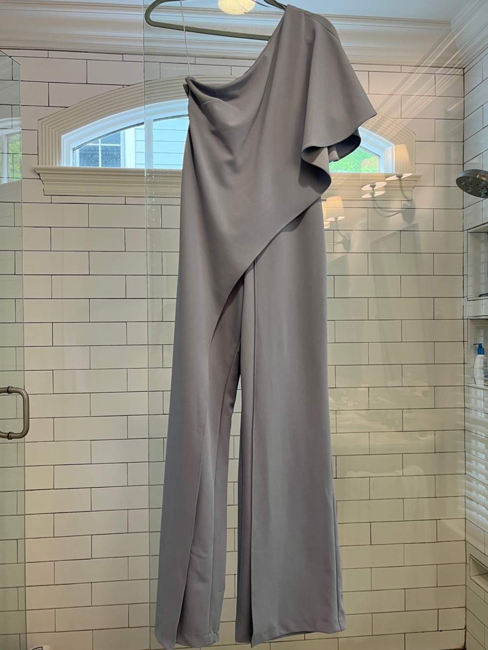 Adrianna Papell One-Shoulder Slate Gray Jumpsuit